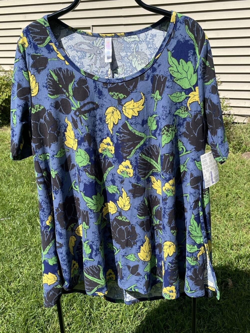 NWT LuLaRoe Perfect T Shirt Large L Blue Yellow Floral Side Slit